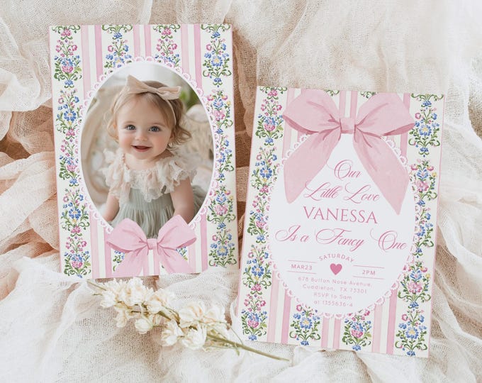 Love Shack Fancy One Photo 1st Birthday invitation, Editable Corjl Template #fo1