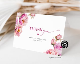 Petals and prosecco thank you card. Elegant bright pink floral bridal shower thank you card. Editable modern thank you card #pet1