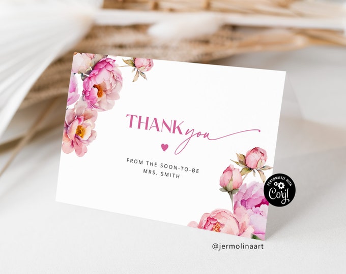 Petals and prosecco thank you card. Elegant bright pink floral bridal shower thank you card. Editable modern thank you card #pet1