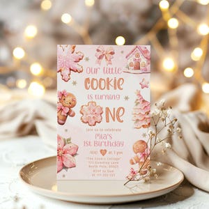 Milk and Cookies 1st Birthday Invitation: Pink One Little Cookie Theme (Corjl Template) #1cc image 4