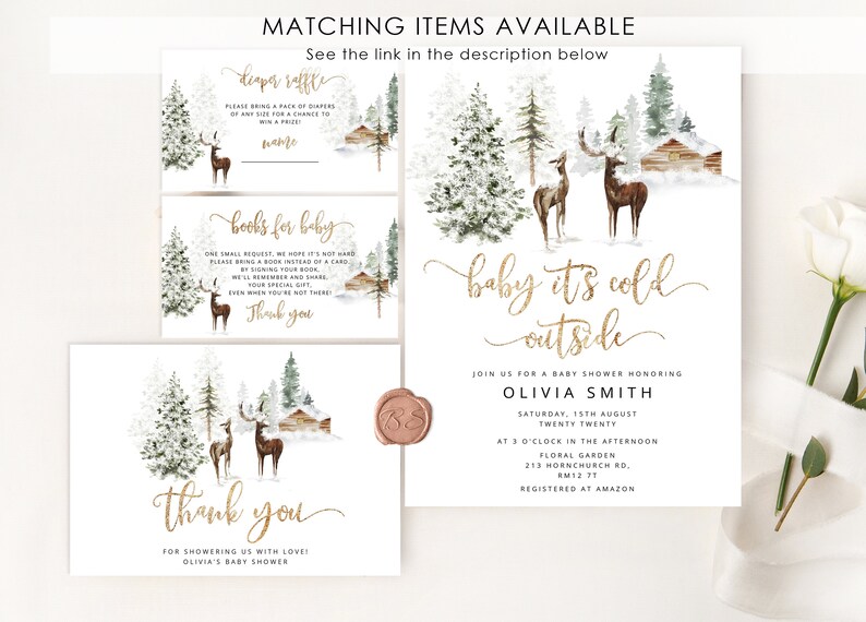 May include: A baby shower invitation with a winter woodland theme. The invitation features a watercolor illustration of a snowy forest with deer and a cabin. The text reads "baby it's cold outside" in gold glitter lettering. The invitation is for Olivia Smith's baby shower on Saturday, August 15th at 3 o'clock in the afternoon at Floral Garden, 213 Hornchurch Rd, RM12 7T. The invitation is registered at Amazon.