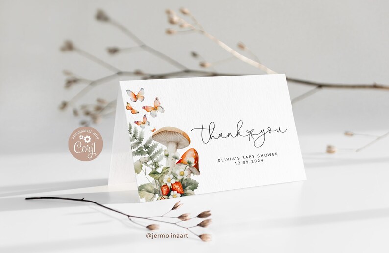 May include: Thank you card with a watercolor illustration of mushrooms, strawberries, and butterflies. The text reads "Thank you" and "Olivia's Baby Shower 12.09.2024".