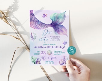Mermaid Birthday Invitation: Purple Teal, 5th Birthday (Corjl Editable Template) #mer1