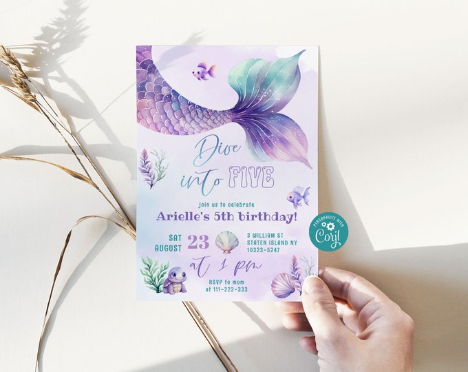Dive into five birthday invitation. Purple Teal Little Mermaid Birthday Invitation. Corjl editable template #mer1