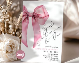 Pink Bow 1st Birthday Invitation Template (Corjl)  #bow1