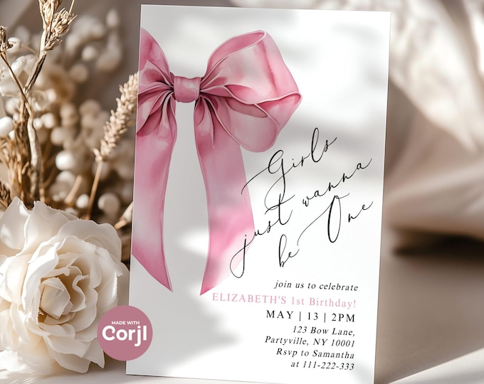 Girls just wanna be One 1st birthday invitation template. Pink Bow girl's 1st birthday invitation. Coquette bow minimalist birthday #bow1