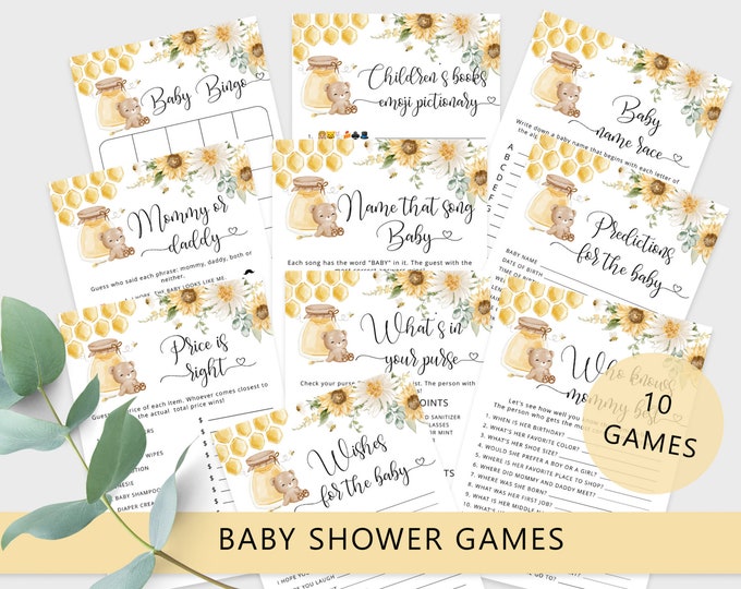 Honey bear Baby Shower Games Bundle. Bee sunflower Baby Shower Games. Little honey baby shower. Instant Download #hb1