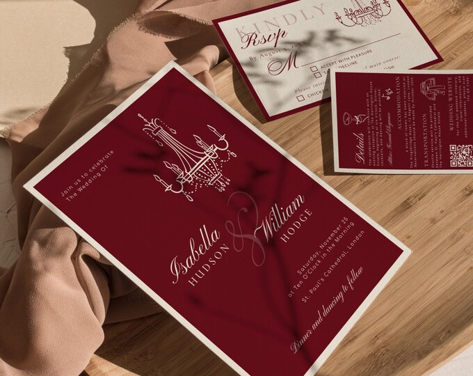Luxury Old Money deep burgundy elegant QR Code Wedding Bundle. Handdrawn Corjl Editable templates #om1