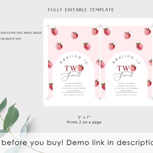 May include: Editable template for a two-year-old birthday party invitation. The invitation features a pink background with a watercolor strawberry pattern and the text "Adelina is Two Sweet".