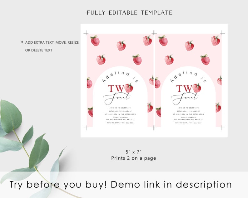 May include: Editable template for a two-year-old birthday party invitation. The invitation features a pink background with a watercolor strawberry pattern and the text "Adelina is Two Sweet".