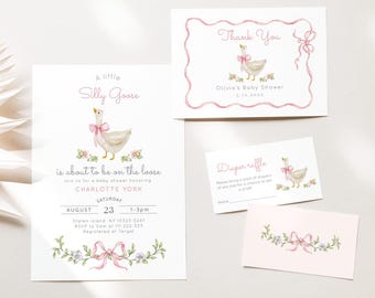 Silly Goose Baby Shower Invitation Bundle: Pink Bow, Whimsical Invite (Digital Download) #sg3