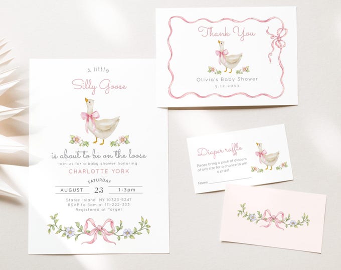 New Silly Goose Baby Shower Invitation bundle.  Pink Bow Silly Goose Baby Girl Shower invitation bundle, Whimsical silly goose invite #sg3