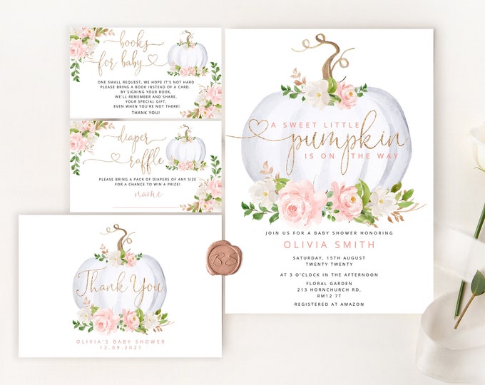 Little pumpkin Baby Shower Invitation template. Fall floral gold baby shower bundle. Fall girl Baby Shower Invitation set. #p3