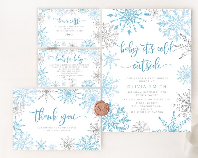 Baby its cold outside Baby Shower Invitation bundle. Winter baby shower invitation bundle. Snowflake Baby Shower Invitation set #sn2