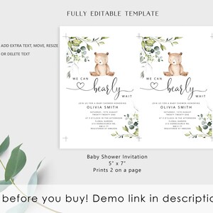 May include: Editable baby shower invitation template featuring a watercolor illustration of a bear sitting on a branch with green leaves. The text reads "We can barely wait" and includes the name "Olivia Smith". The invitation is 5 inches by 7 inches and prints two on a page.