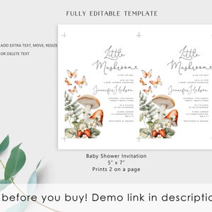 May include: Editable baby shower invitation template featuring a watercolor illustration of mushrooms, butterflies, and strawberries. The text reads "Little Mushroome is on the way. Join us for a baby shower honoring Jennifer Halson. Saturday, 15th August Twenty Twenty Three at 3 o'clock in the afternoon. Floral Garden 375 Hornchurch Rd.  RM12 1T. Registered at Amazon."