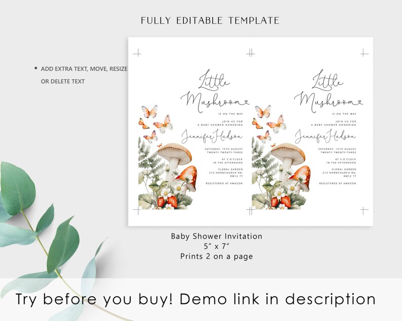 May include: Editable baby shower invitation template featuring a watercolor illustration of mushrooms, butterflies, and strawberries. The text reads "Little Mushroome is on the way. Join us for a baby shower honoring Jennifer Halson. Saturday, 15th August Twenty Twenty Three at 3 o'clock in the afternoon. Floral Garden 375 Hornchurch Rd.  RM12 1T. Registered at Amazon."