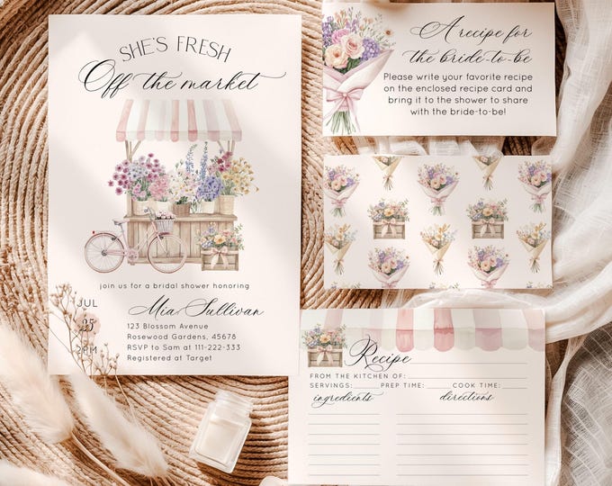 She's off the market Bridal Shower Bundle | Flower Cart Provence recipe card Corjl Template #of1