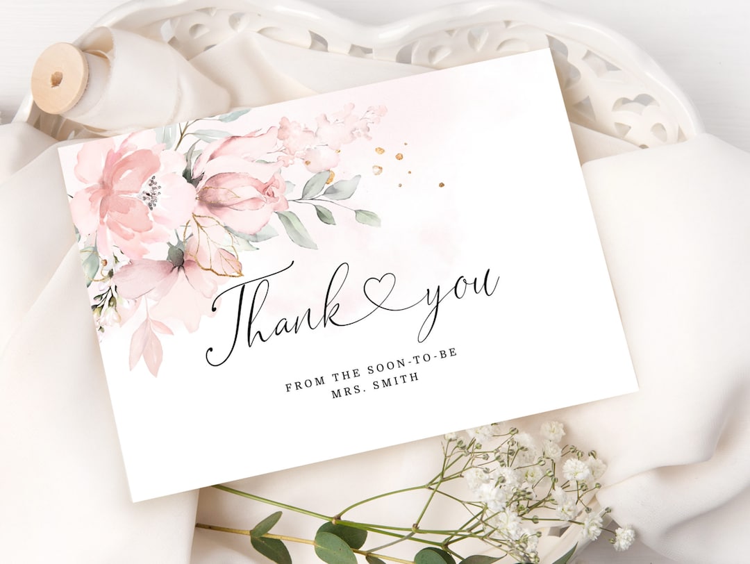 Blush Bridal Thank You Card Printable Template. Elegant Roses Thank You ...