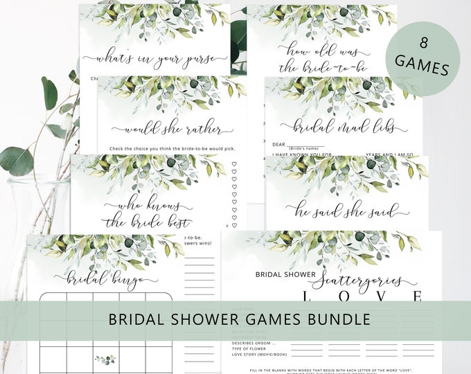 Greenery Bridal Shower Games Bundle. Eucayptus bridal shower games. Bachelorette Party Games Printable Hen's Party Games #01