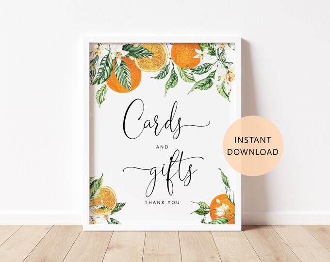 Orange Cards and Gifts Sign in 2 Sizes. Little cutie baby shower Cards & Gifts Sign. Citrus theme  baby shower decor Instant Download or1