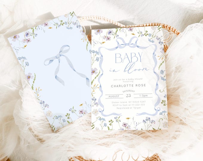 Editable Wildflower Baby in Bloom Baby boy shower invitation. Blue Bow frame floral Baby in Bloom invitation Ribbon bow elegant invite #bow5