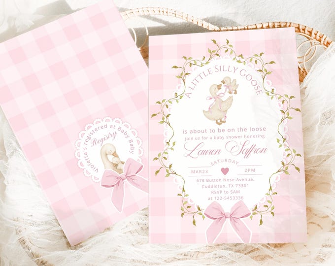Pink Gingham Silly Goose Baby Shower Invitation: Whimsical (Corjl Editable template) #sg8