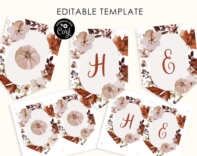 Editable fall pumpkin banner. Little pumpkin birthday party banner. Boho fall banner. Corjl template #p5