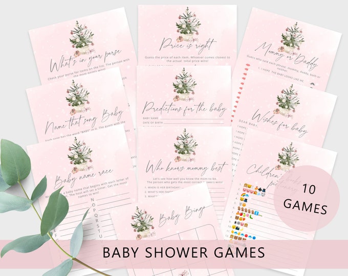 Pink Winter Baby Shower Games Bundle. Blush pink winter Baby Shower Games. Christmas tree baby shower games. Instant Download #ad7