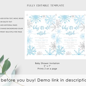 Pu&ograve; includere: Un modello di invito per baby shower a tema invernale. Il design presenta fiocchi di neve blu e argento e il testo "baby it's cold outside". L'invito misura 12,7 cm x 17,8 cm e stampa due per pagina. Il modello &egrave; completamente modificabile.