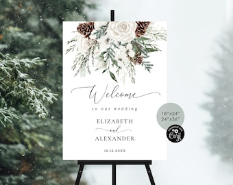 Winter wedding welcome sign template. Editable evergreen wedding welcome sign. Christmas wedding welcome sign  Corjl Printable template #ev1