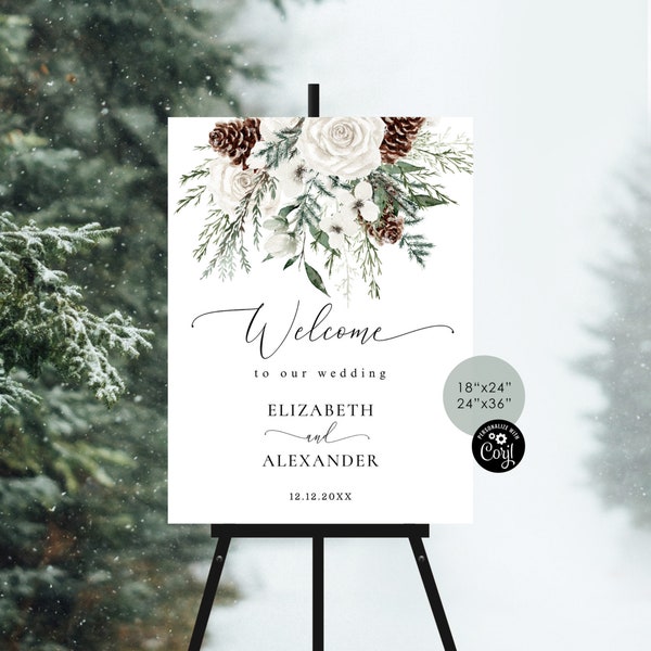 Winter wedding welcome sign template. Editable evergreen wedding welcome sign. Christmas wedding welcome sign  Corjl Printable template #ev1