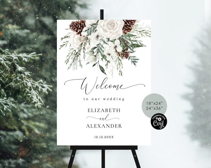Winter wedding welcome sign template. Editable evergreen wedding welcome sign. Christmas wedding welcome sign  Corjl Printable template #ev1