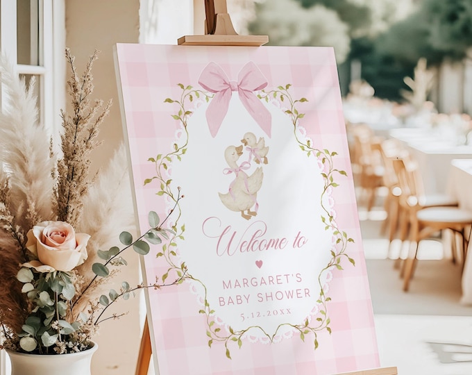 Pink New Silly Goose Baby Shower Welcome sign template,  Coquette Bow Editable Corjl #sg8