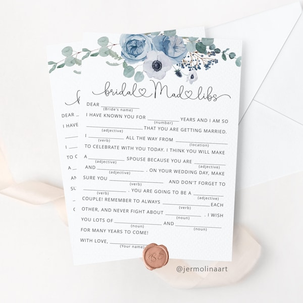 Dusty blue Bridal Shower Mad Libs Game. Dusty blue floral Wedding Mad Libs  Hen Party Games Instant Download #dus