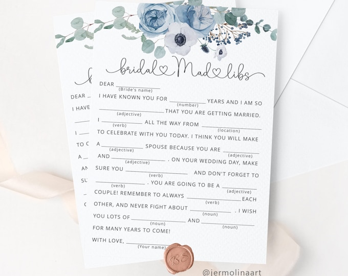 Dusty blue Bridal Shower Mad Libs Game. Dusty blue floral Wedding Mad Libs  Hen Party Games Instant Download #dus