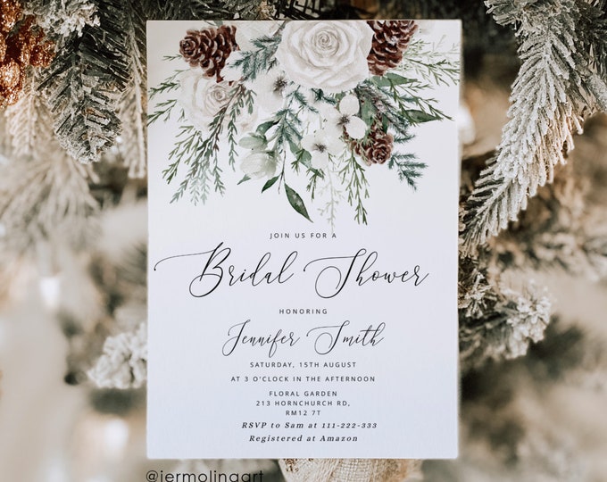Winter Bridal Shower Invitation. Elegant evergreen bridal shower invitation. Evergreen calligraphy bridal shower invite #ev1