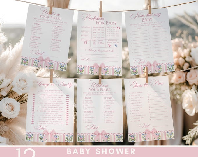 Coquette Pink Bow Baby Shower Games bundle, Whimsical Editable Corjl templates #fo1