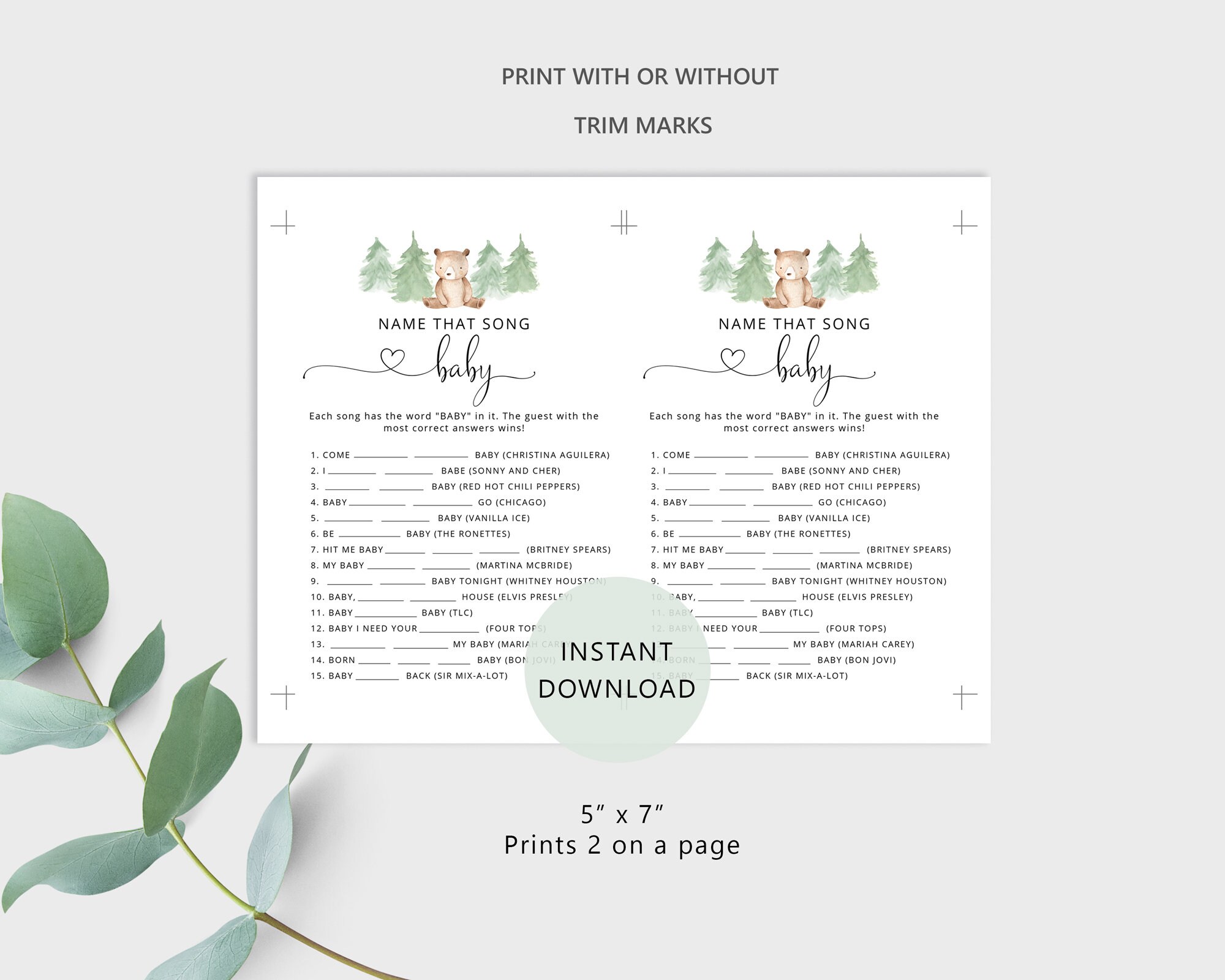 Name That Song Baby Game Bear Name That Song Baby Shower Game Woodland Baby Shower Games Instant Download W2