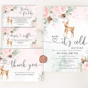 Blush rosa Hirsch Baby ist kalt draußen Baby Shower Einladung Paket. Babypartyeinladung Set Winter Mädchen #wb7