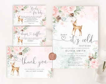 Blush pink deer Baby its cold outside Baby Shower Invitation bundle. Winter baby deer girl baby shower invitation bundle #wb7