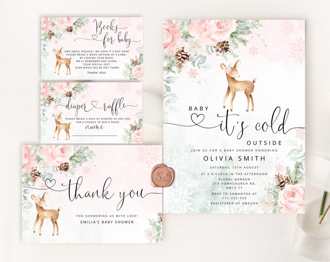 Blush pink deer Baby its cold outside Baby Shower Invitation bundle. Winter baby deer girl baby shower invitation bundle #wb7