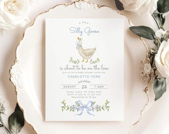 Editable Silly Goose Baby Shower Invitation: Blue Bow Boy (Corjl Editable template) #sg1