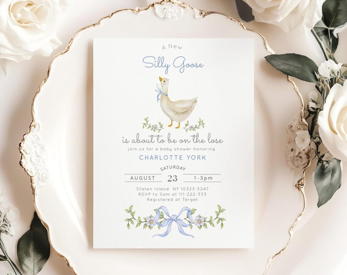 Editable Silly Goose baby shower invitation, Blue Boy Silly Goose baby shower invite, Whimsical bow Goose baby shower invite #sg1