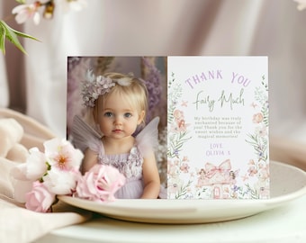 Thank you Fairy Much Photo Card template | Enchanted forest Fairy First Birthday Corjl editable #ff1