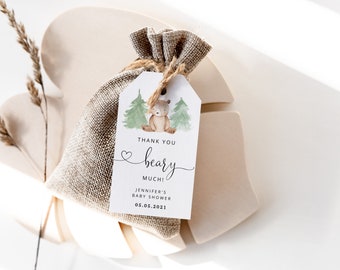 Bear baby shower thank you tag. We can bearly wait favor tag template.  Thank you beary much favor tag. Woodland baby shower favor tag #w2