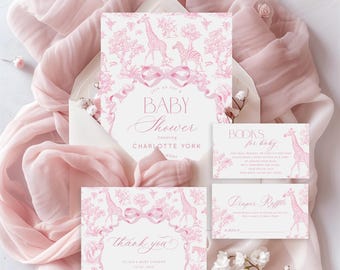 Toile Safari baby shower invitation bundle. Pink Toile de Jouy Safari Baby girl shower bundle Corjl Template #toi4