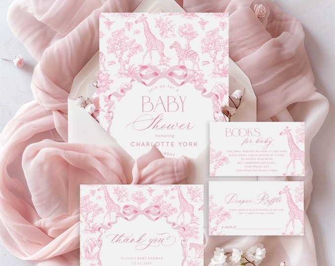Pink Toile Safari Baby Girl Shower Invitation Bundle (Corjl Template) #toi4