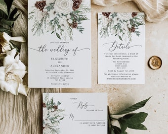 Evergreen winter Wedding Invitation suite. Elegant winter wedding invitation bundle. Editable winter wedding details, RSVP card #ev1