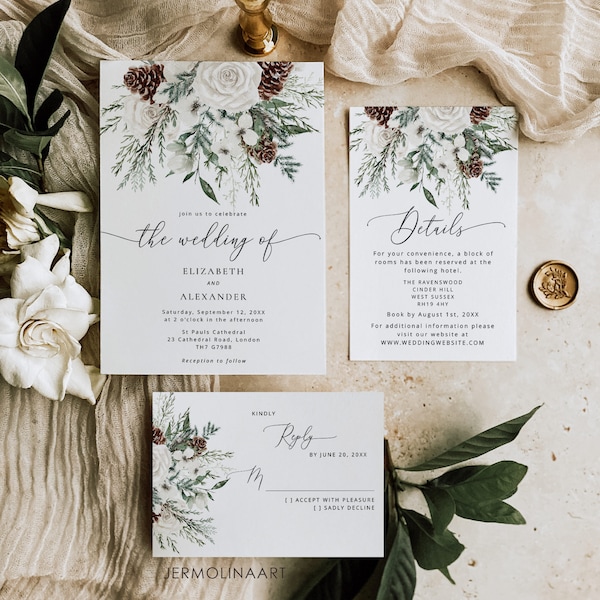 Evergreen winter Wedding Invitation suite. Elegant winter wedding invitation bundle. Editable winter wedding details, RSVP card #ev1